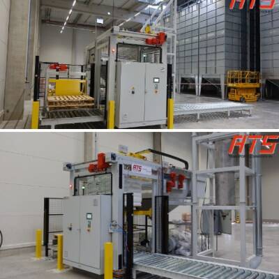 Bag emptying system with side in- and outfeed pallet conveyor and stacking;