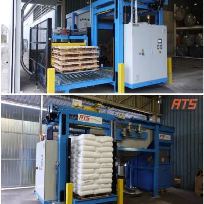 Bag emptying system with pallet outfeed conveyor and stacking