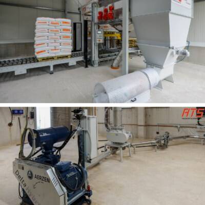 Bag emptying systems with pneumatic transport and screw compactor