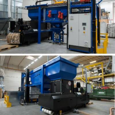 Bag emptying system with bag bale press