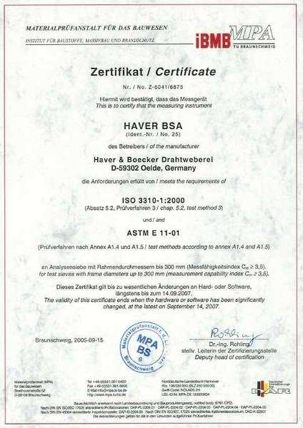 Quality Control of Woven Wire Cloth and Test Sieves. Certificate of the MPA IBMB TU Braunschweig for the Measuring Instrument Haver BSA (Video-Analysis)