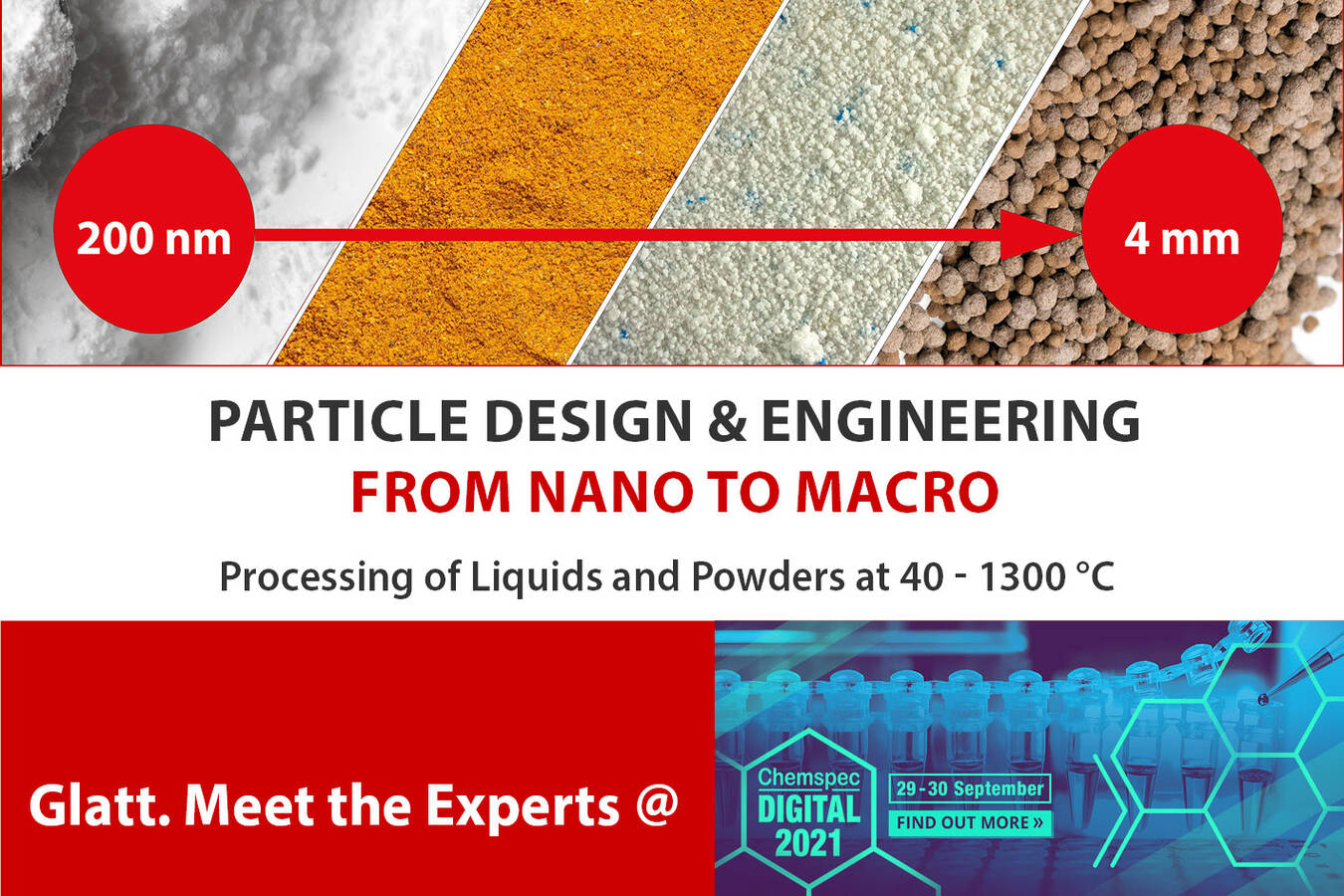 Particle Design & Engineering from Nano to Macro Meet the Glatt experts at Chemspec DIGITAL 2021
