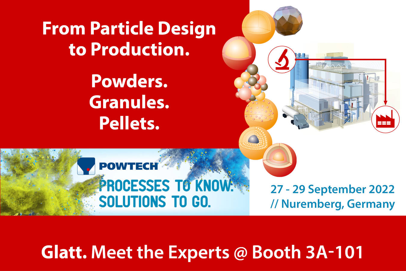 Glatt Particle Design + Plant Engineering at POWTECH 2022 Glatt will focus on its process, technology and plant engineering expertise for functional powders, granules and pellets 