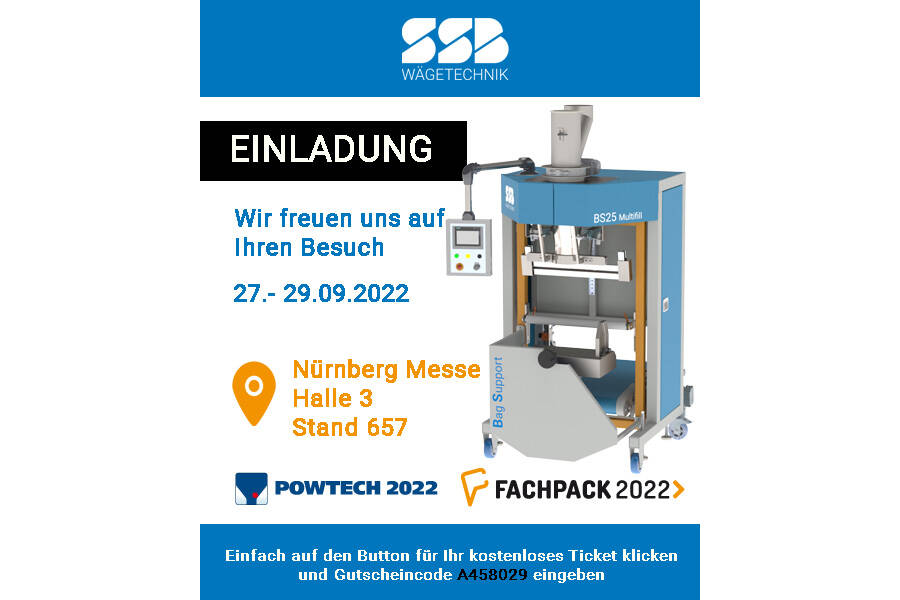SSB Weighing Technology invites you to Powtech 2022 Your invitation to Powtech/ Fachpack 2022 in Nuremberg - free tickets. We are looking forward to your visit