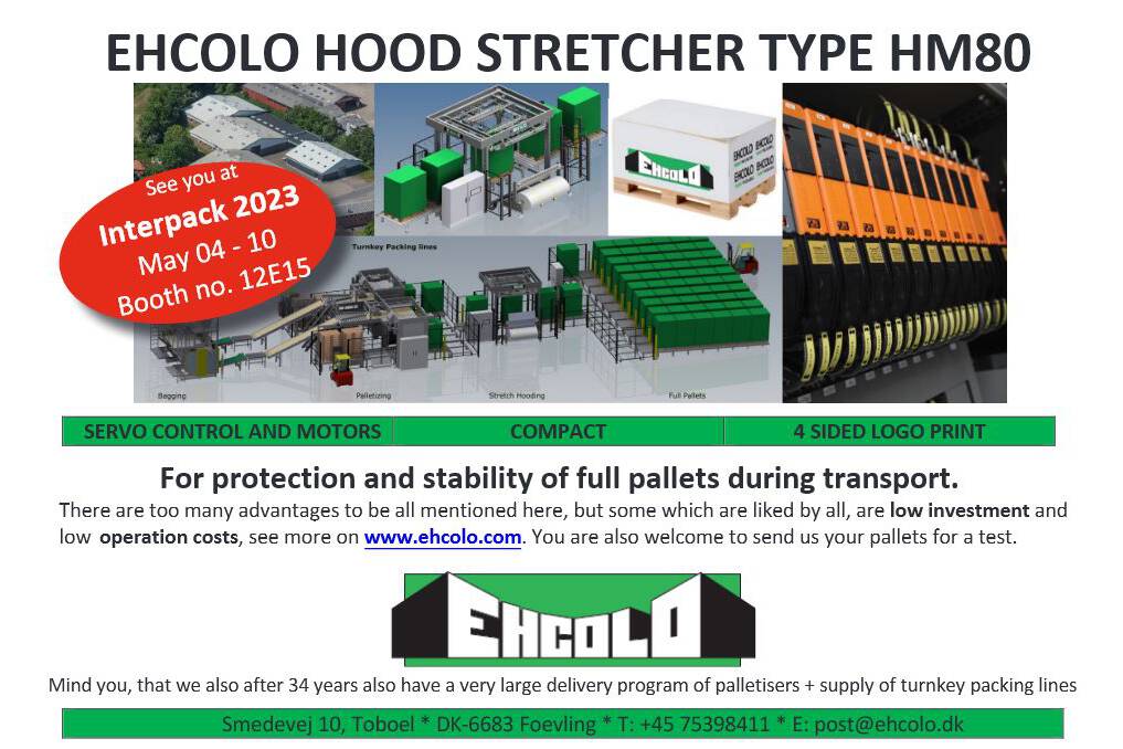 Top modern stretch hooders and palletisers at Interpack 2023 Ehcolo is showing a full operational stretch hooder at the Interpack 2023, May 4-10 in Düsseldorf. Also the full program of palletisers and turnkey packing lines will be presented.
