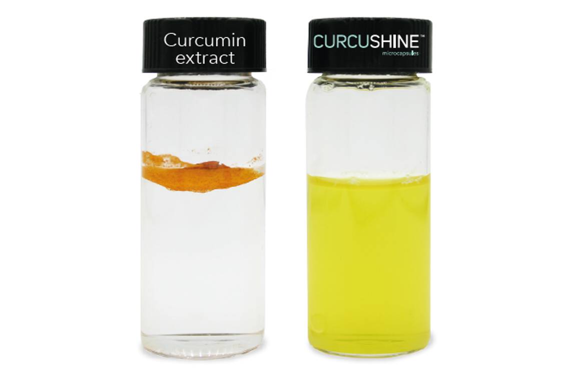 Figure 1: Pure curcumin extract is almost insoluble whereas the enhanced product shows the desired dissolution behaviour (Copyright: Sphera) 