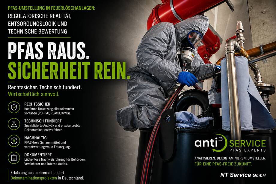 System ANTI: NT Service sets a new benchmark in PFAS/PFC remediation  With its patented ANTI® system, NT Service GmbH provides a specialized solution for removing PFAS, PFC, and AFFF from industrial firefighting systems.