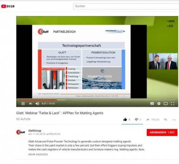 Innovative Matting Agents by means of Glatt APPtec Video of Webinar @ ’Farbe und Lack’ at 14.03.2018 (German)