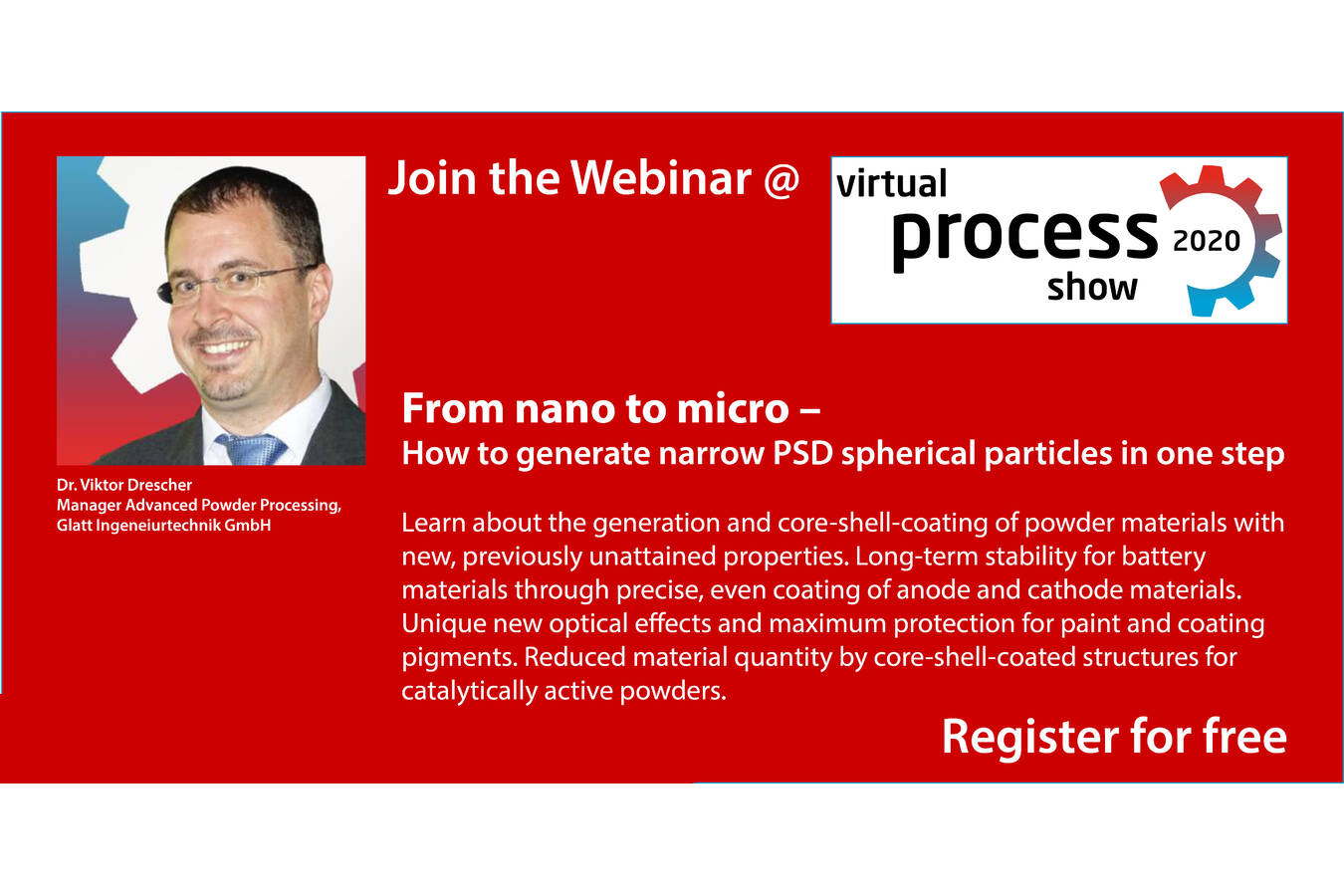 Join the Webinar: Narrow PSD spherical particles by Glatt Powder Synthesis From nano to micro – How to generate narrow PSD spherical particles in one step