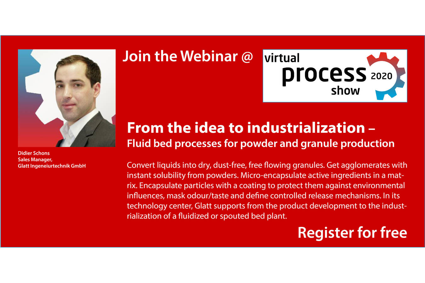 Join the webinar on integrated powder and granule production and enhancing From the idea to industrialization – Fluid bed processes for powder and granule production